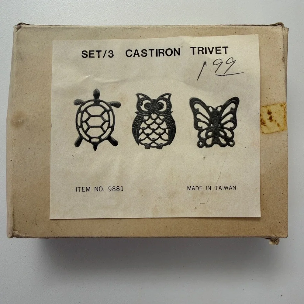 Vintage 1970s Cast Iron Trivet Set – Turtle Owl Butterfly – Made in Taiwan – NOS